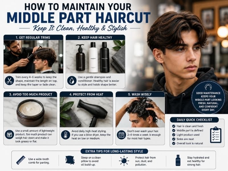 Middle part haircut maintenance guide for boys showing regular trims, gentle hair care, light styling products, heat protection, and proper washing tips for a clean, healthy hairstyle.
