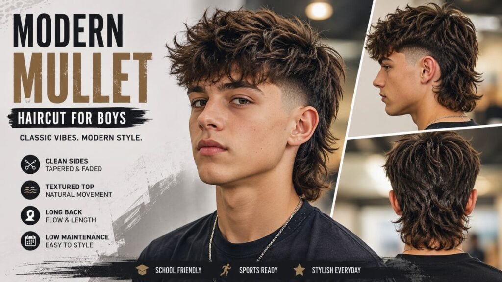 Modern mullet haircut for boys with textured top tapered sides and long back