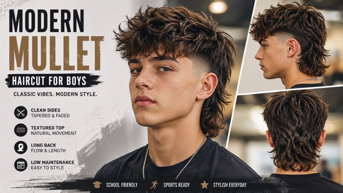 Modern mullet haircut for boys with textured top tapered sides and long back