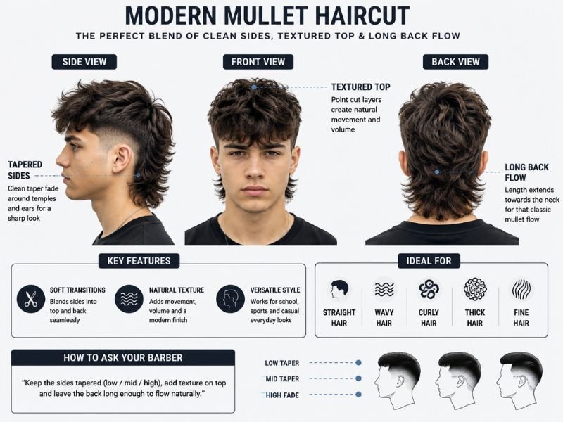 Modern mullet haircut structure with tapered sides textured top and longer back