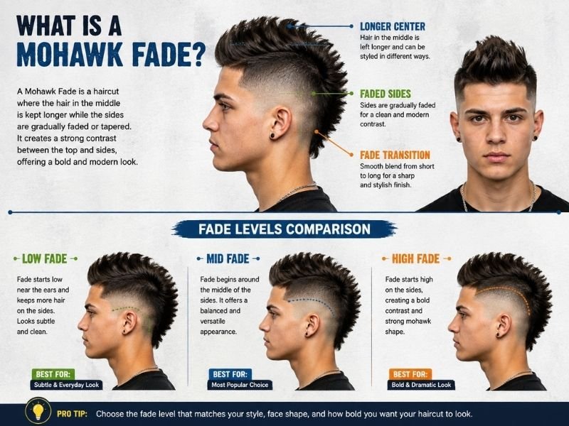 Mohawk fade haircut diagram showing longer center and faded sides