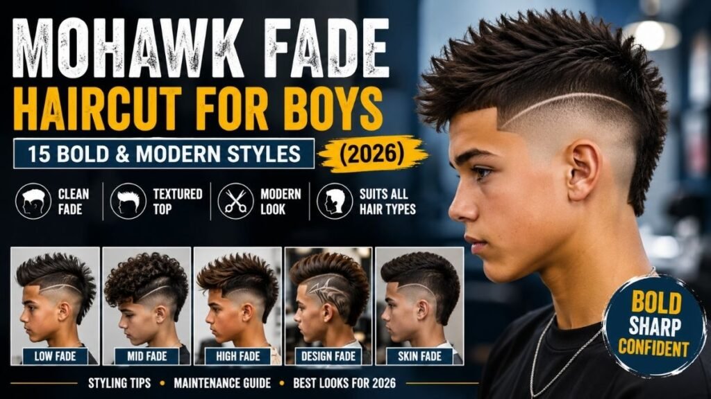 Mohawk fade haircut for boys with longer center and faded sides
