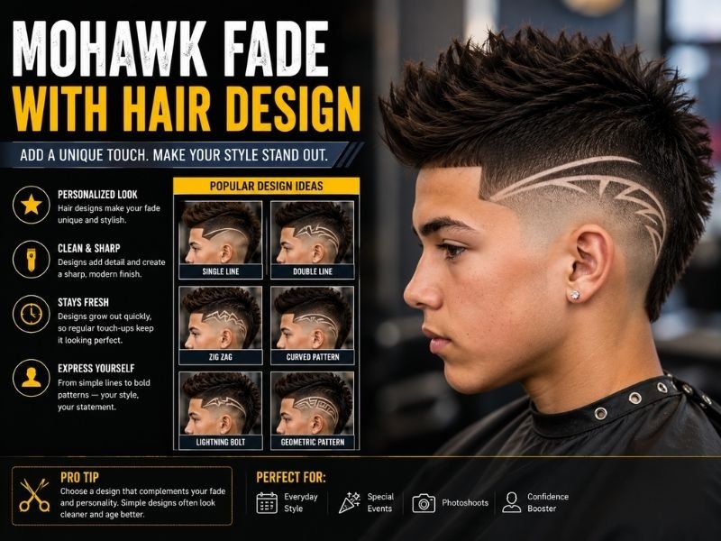 Mohawk Fade haircut with a stylish hair design on the faded sides, featuring textured longer hair on top.