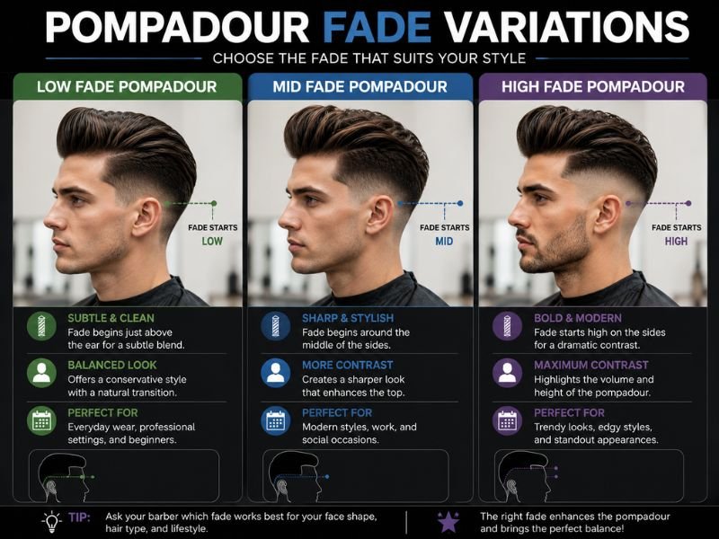 Low mid and high fade pompadour haircut comparison showing different fade heights and longer voluminous hair on top