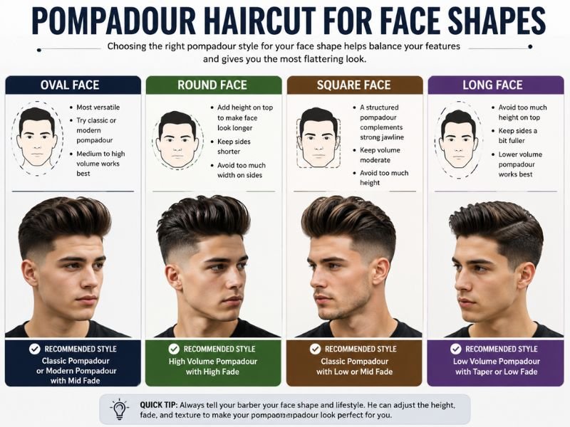 Pompadour haircut face shape guide showing suitable volume and styling options for oval round square and long faces