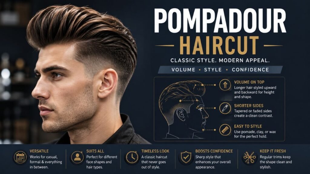 Modern pompadour haircut with lifted front volume