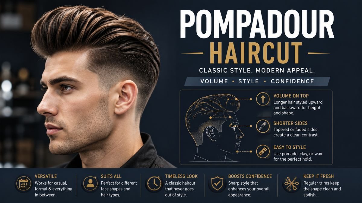 Modern pompadour haircut with lifted front volume