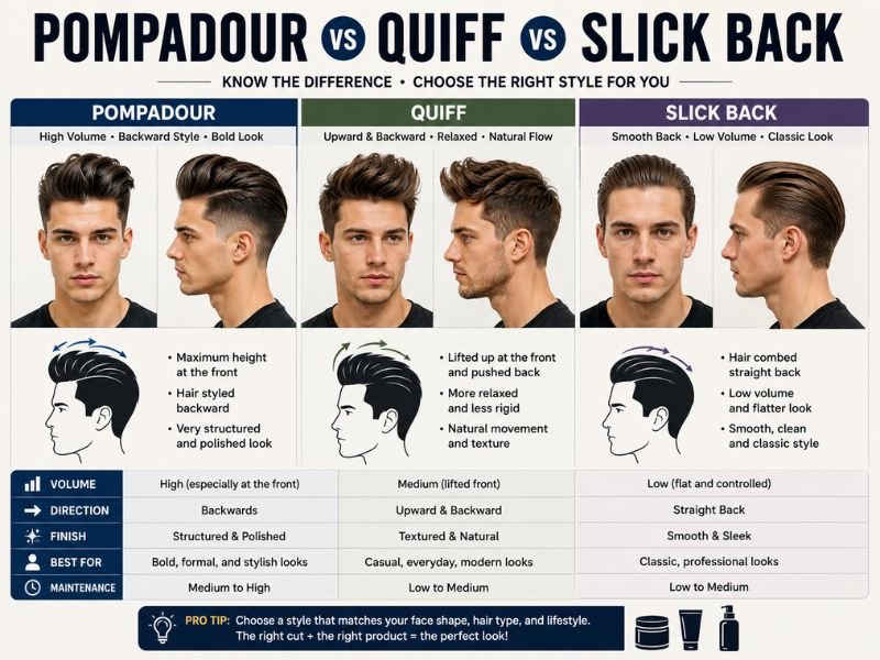 Pompadour quiff and slick back hairstyle comparison showing differences in front volume hair direction and overall finish