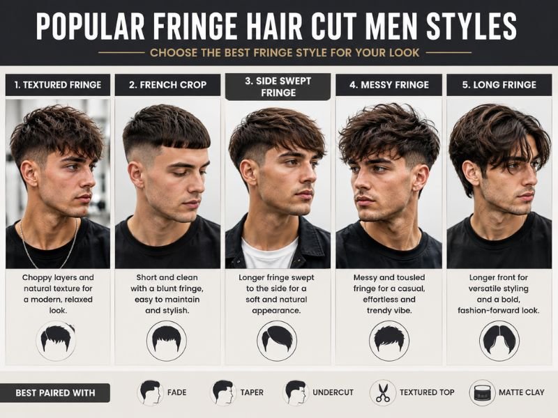 Different fringe hair cut men styles including textured fringe, French crop, side swept, messy and long fringe
