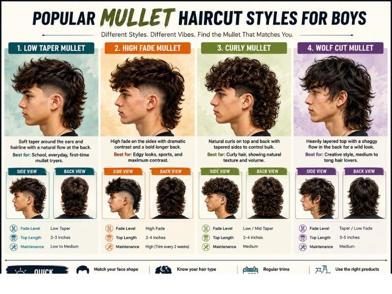 Popular mullet haircut styles for boys including taper fade curly and wolf cut