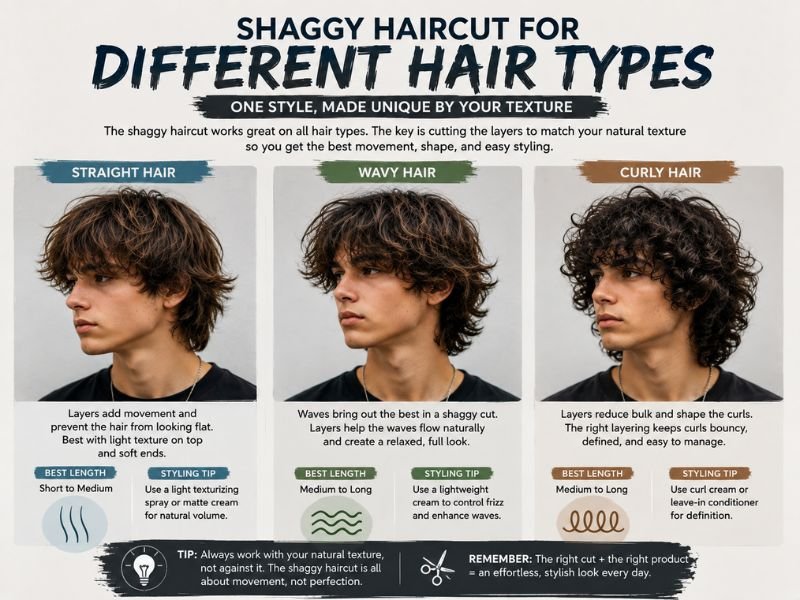 Shaggy haircut for boys with straight wavy and curly hair types
