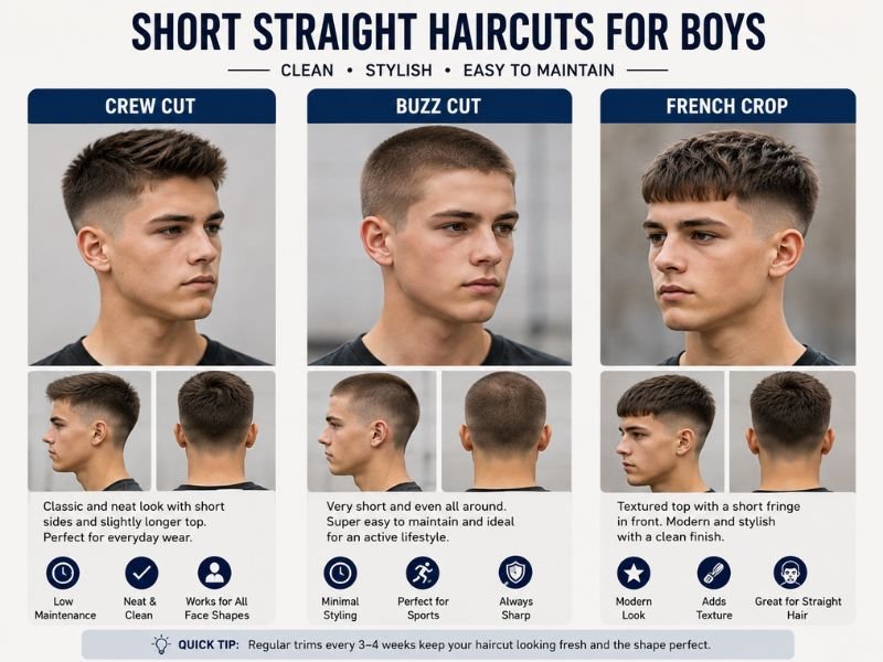 Short straight haircuts for boys including crew cut buzz cut and French crop