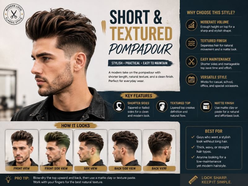 Short textured pompadour haircut with separated hair strands, natural volume, matte finish, and neatly tapered sides
