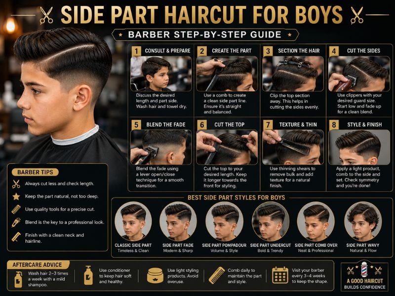 Side part haircut barber guide showing top sides and fade