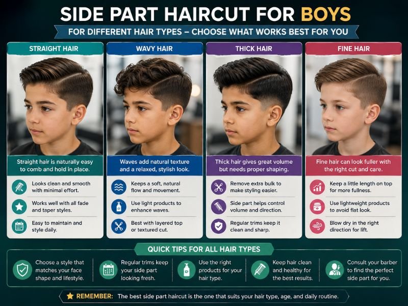 Side part haircut for boys with different hair types