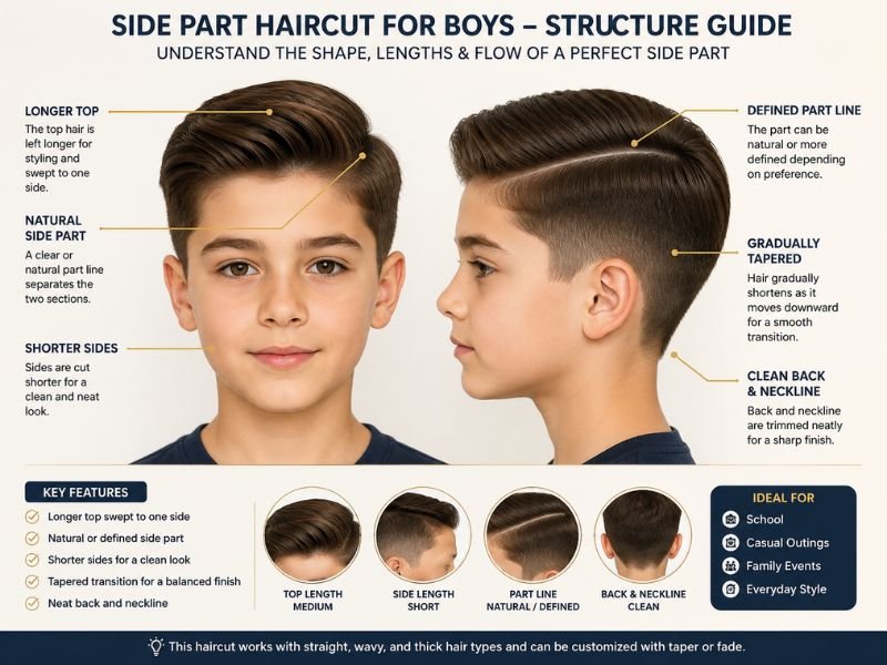 Side part haircut diagram showing longer top and short sides