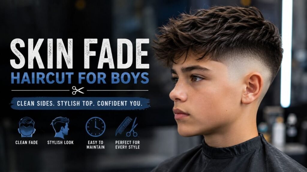 Skin fade haircut for boys with textured hair on top