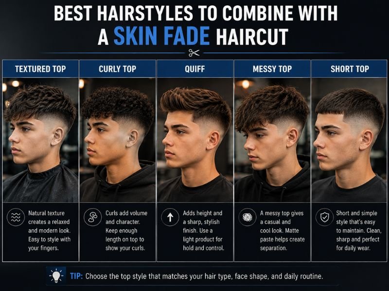 Skin fade haircut for boys with textured curly quiff and messy top styles