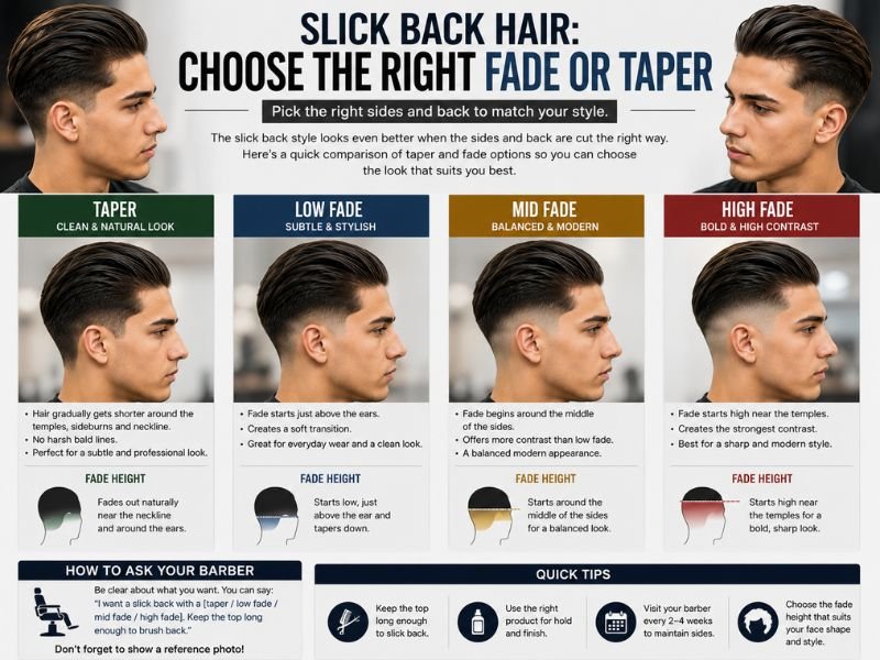 Slick back haircut with taper low mid and high fade