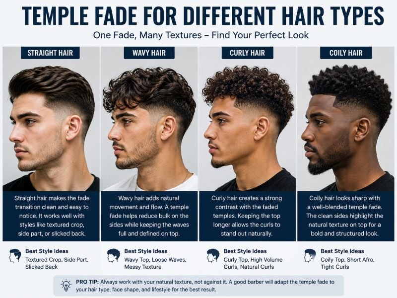 Temple fade on straight wavy curly and coily hair types