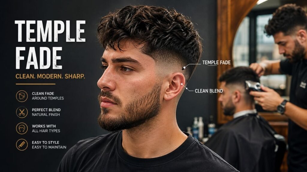 Temple fade haircut for men with clean low fade and textured top