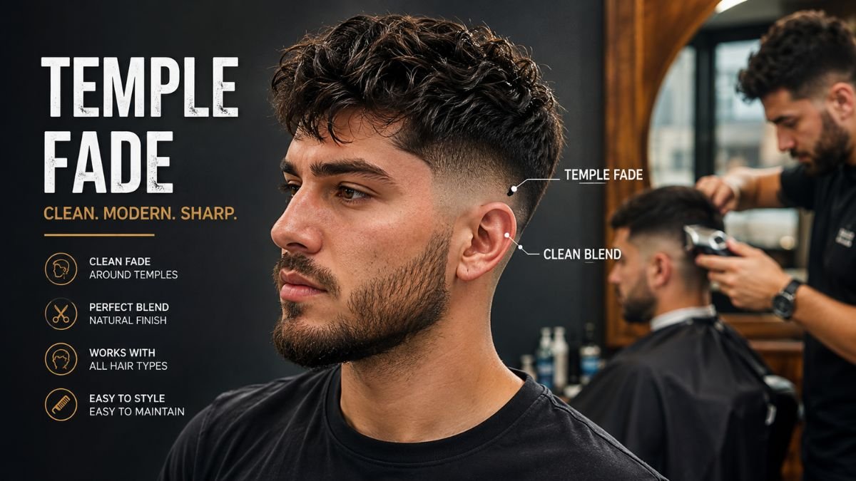 Temple fade haircut for men with clean low fade and textured top