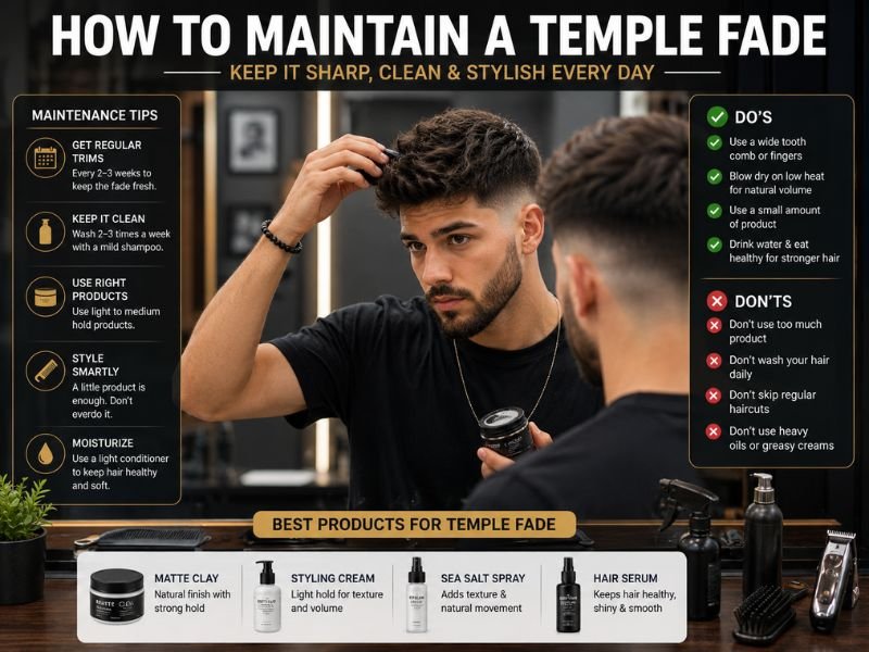 Maintaining a temple fade haircut using styling products and regular trims