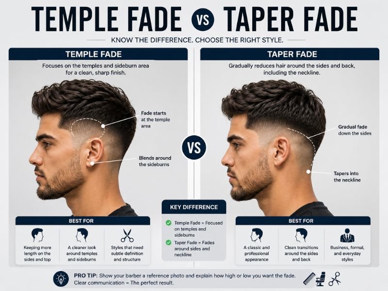 Temple fade vs taper fade haircut comparison for men