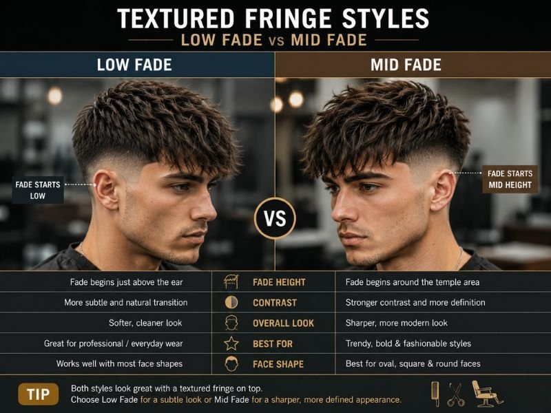 textured fringe with low fade and mid fade comparison