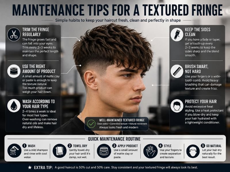 Textured fringe haircut maintenance with clean sides and controlled fringe