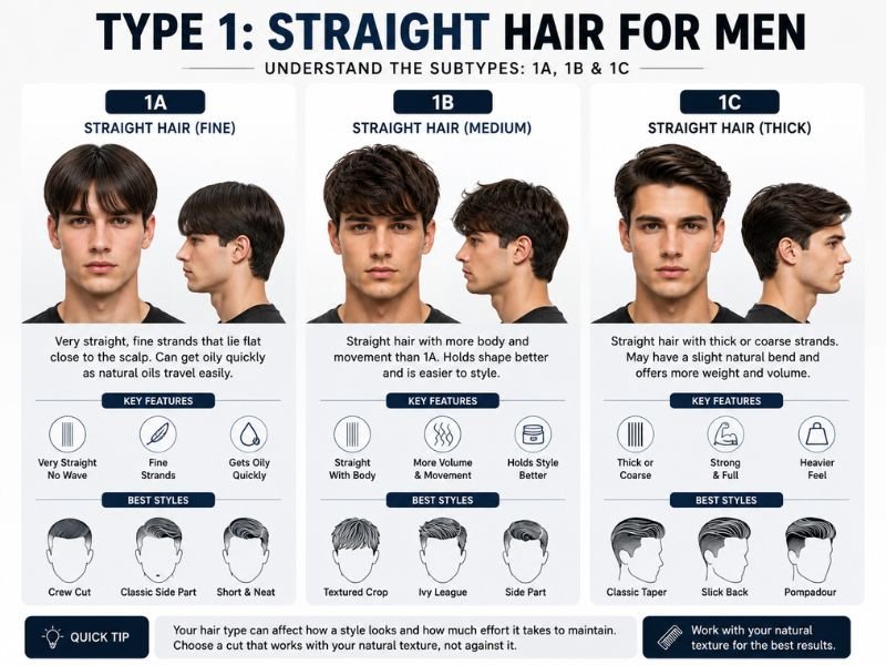 Type 1A, 1B and 1C straight hair examples for men