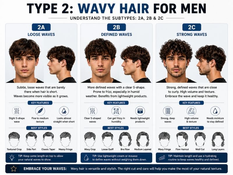 Men's Type 2A, 2B and 2C wavy hair comparison