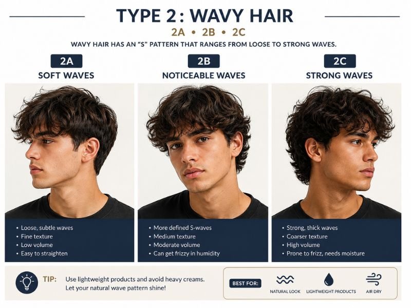 Type 2A, 2B and 2C wavy hair examples for men