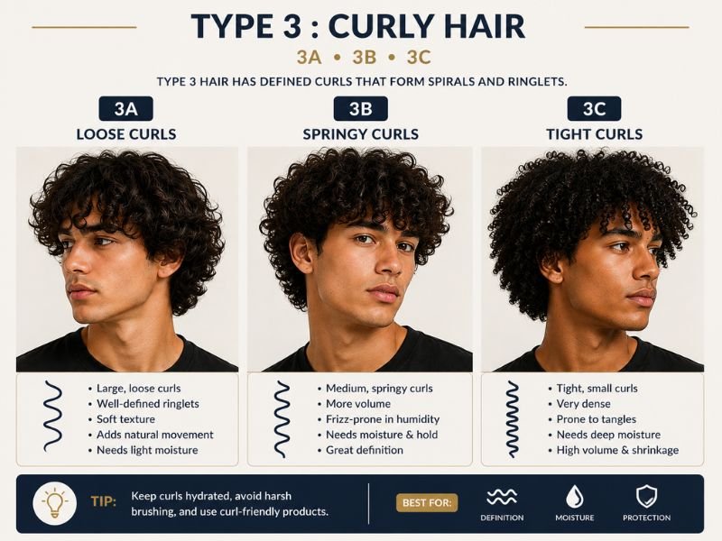 Type 3A, 3B and 3C curly hair patterns on men