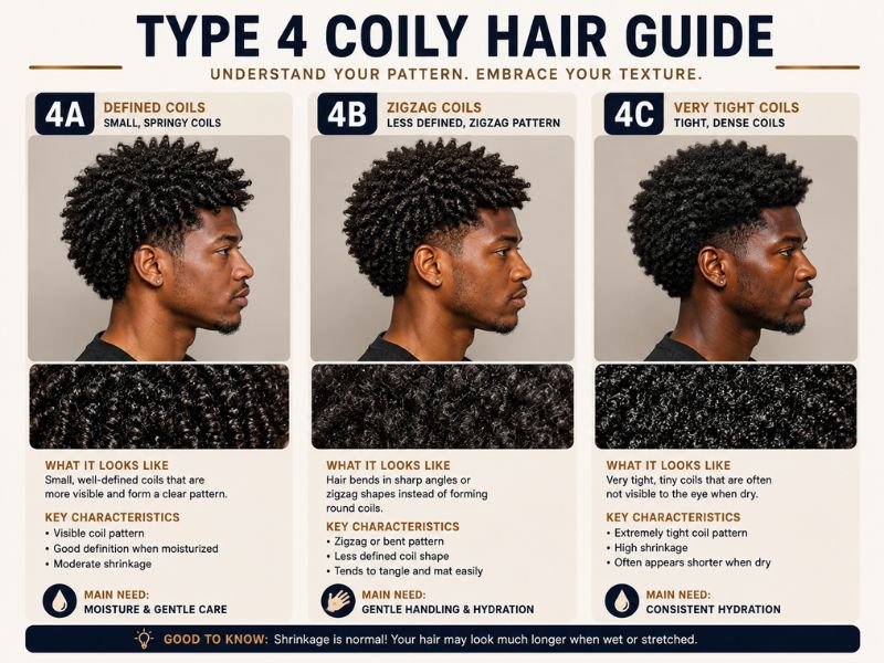 Different Type 4 coily hair patterns including 4A, 4B, and 4C