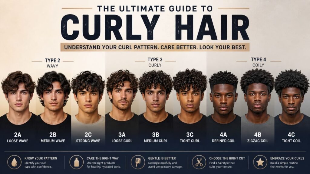 Different types of curly hair in men from loose waves to tight coils