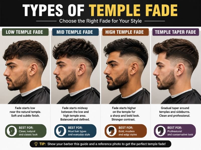 Comparison of low, mid, high, and temple taper fade haircuts