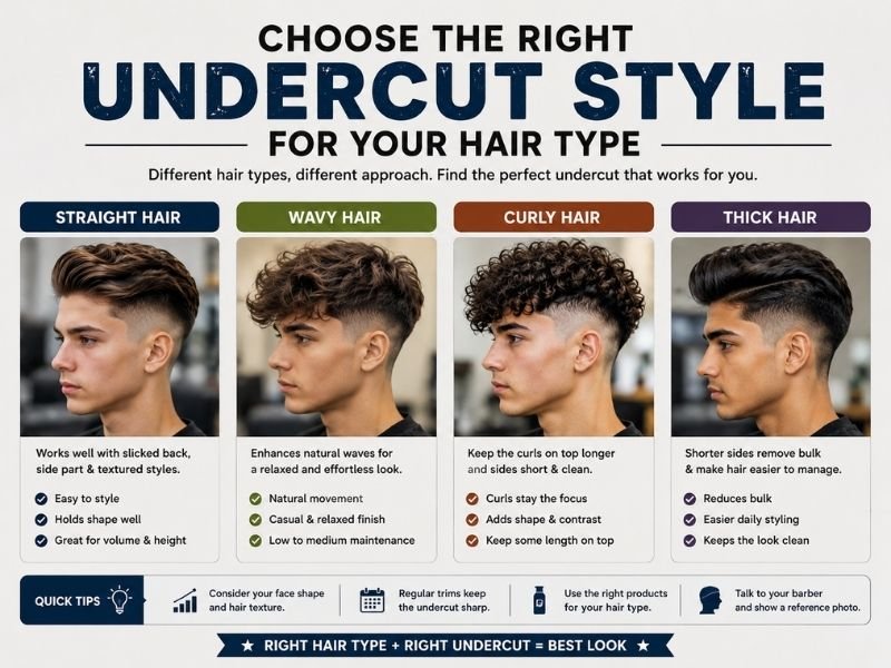 Undercut hairstyle guide for boys showing straight wavy curly and thick hair types with suitable top lengths and short sides