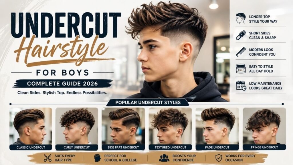 Modern undercut hairstyle for boys showing short sides and back with longer textured hair on top in a clean stylish haircut
