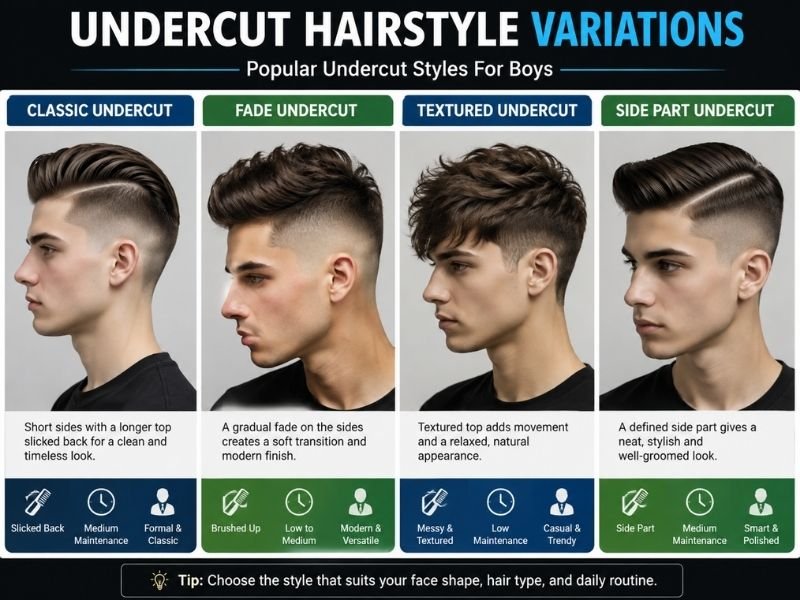 Different undercut hairstyle variations for boys including classic fade textured and side part styles