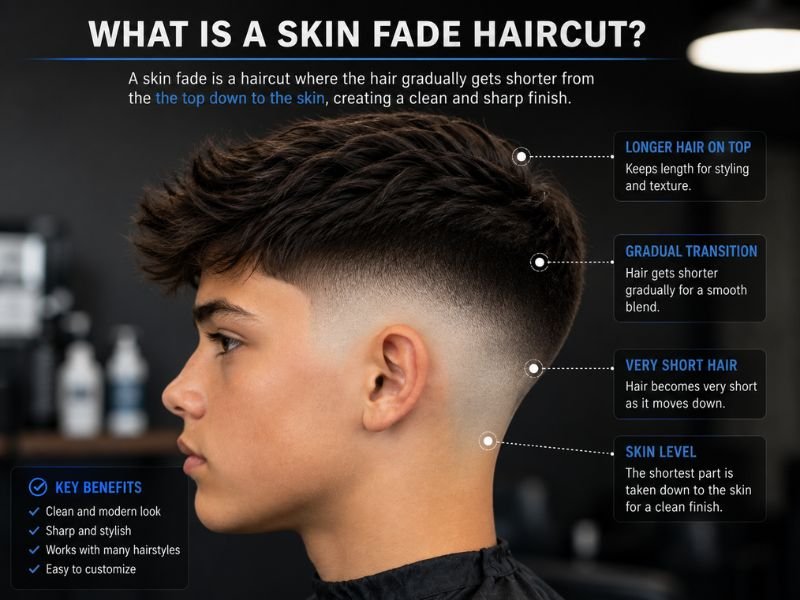 Skin fade haircut showing gradual transition from skin to longer hair