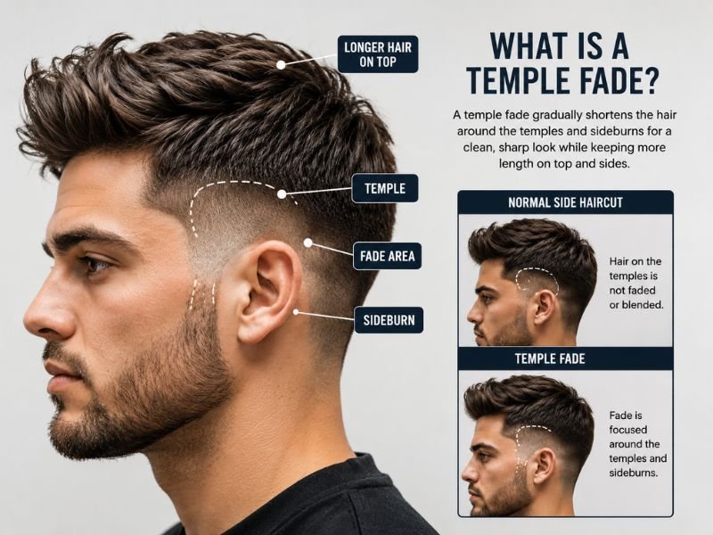 Diagram showing where a temple fade starts around the temple and sideburn