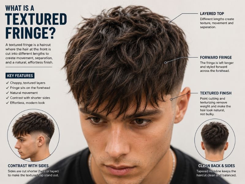 textured fringe haircut showing separated strands and layered front