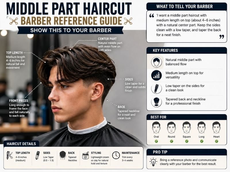 Boy getting a middle part haircut with low taper from a barber