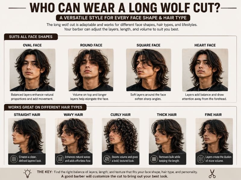 Long wolf cut hairstyle on different face shapes and hair textures