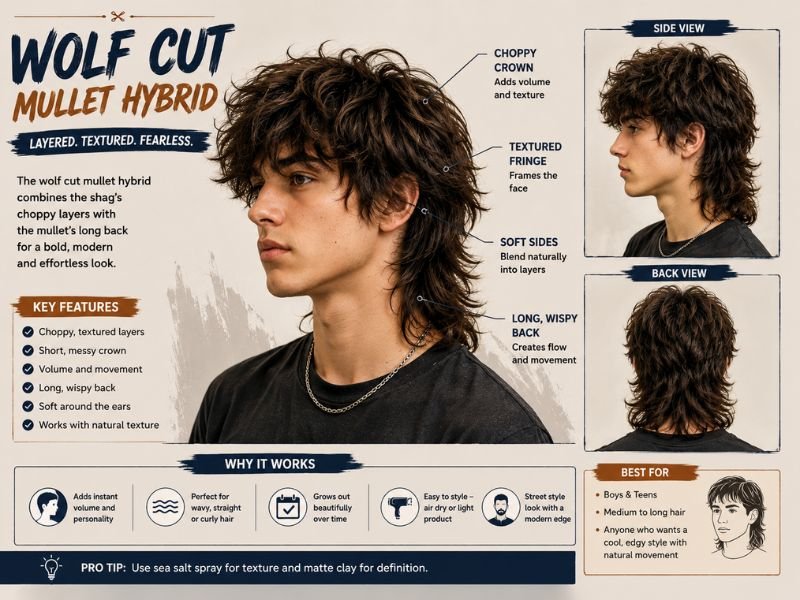Wolf cut mullet hybrid for boys with choppy layers textured crown and long back