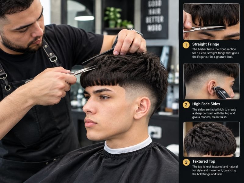 Barber trimming an Edgar haircut