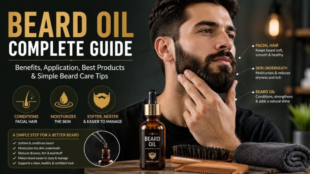 Beard oil grooming guide showing how beard oil conditions facial hair, moisturizes the skin underneath, and helps keep a short or medium beard soft, neat, and manageable