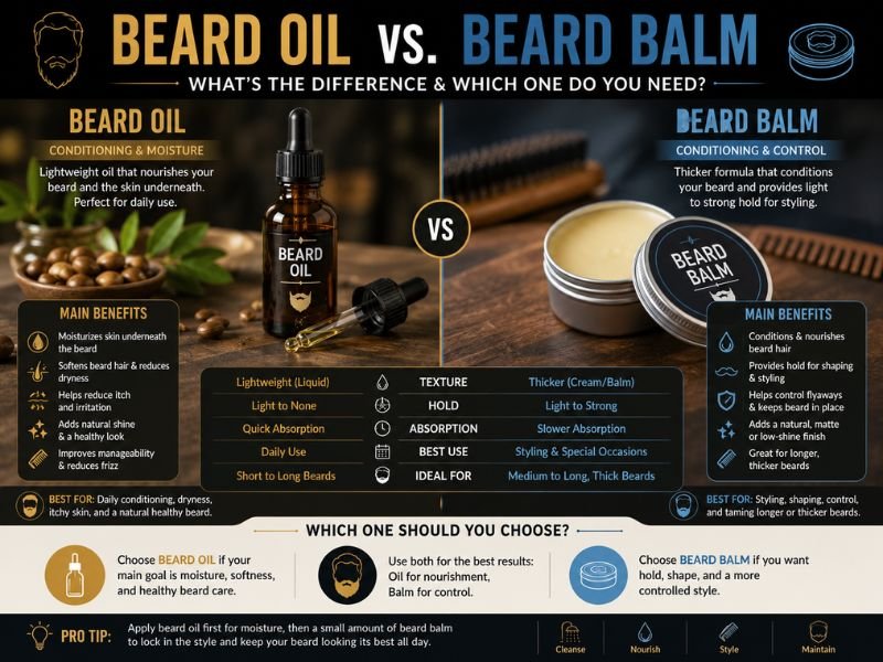 Beard oil versus beard balm comparison showing beard oil for conditioning and skin moisture and beard balm for conditioning with additional styling and shaping hold