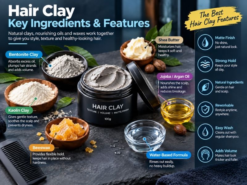 Hair clay ingredients and features for men's styling